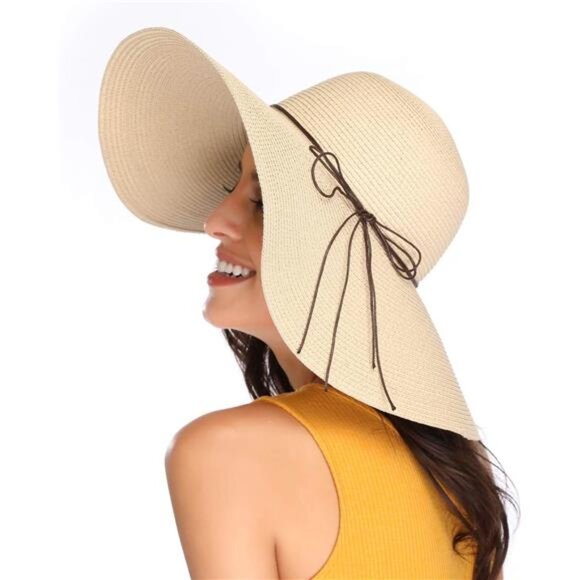 Womens Wide Brim Straw Hat Big Floppy Foldable Roll up Cap Beach Sun Hat UPF 50+ main image 5